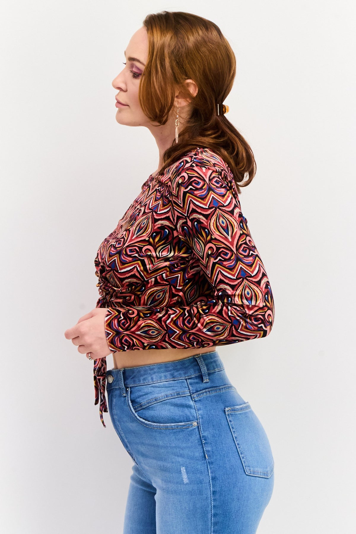 Round Neck Long Sleeve Allover Print Crop Top