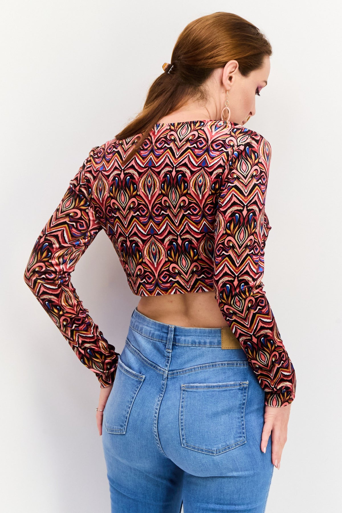 Round Neck Long Sleeve Allover Print Crop Top