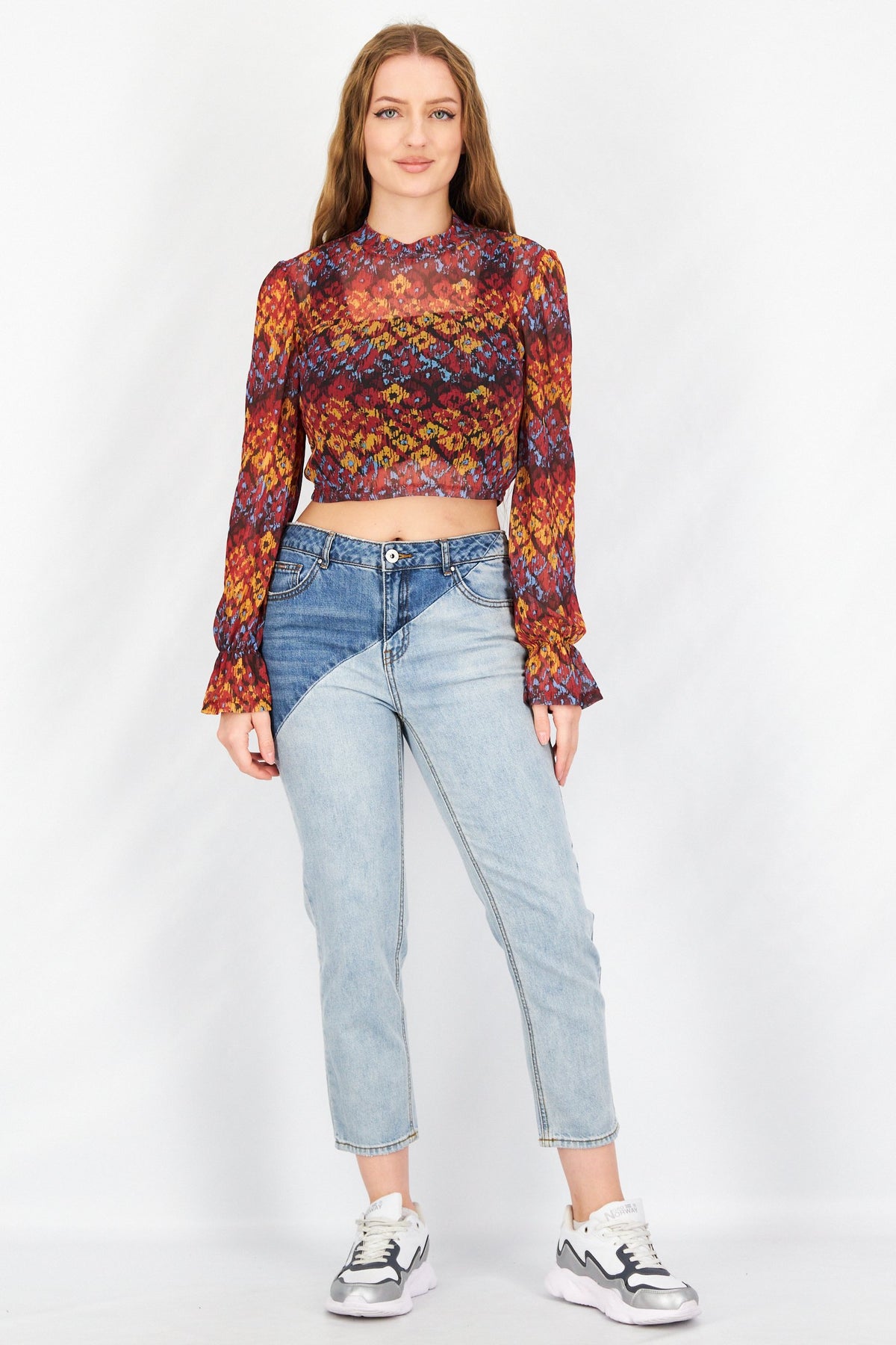 High Neck Long Sleeves Textured Blouse