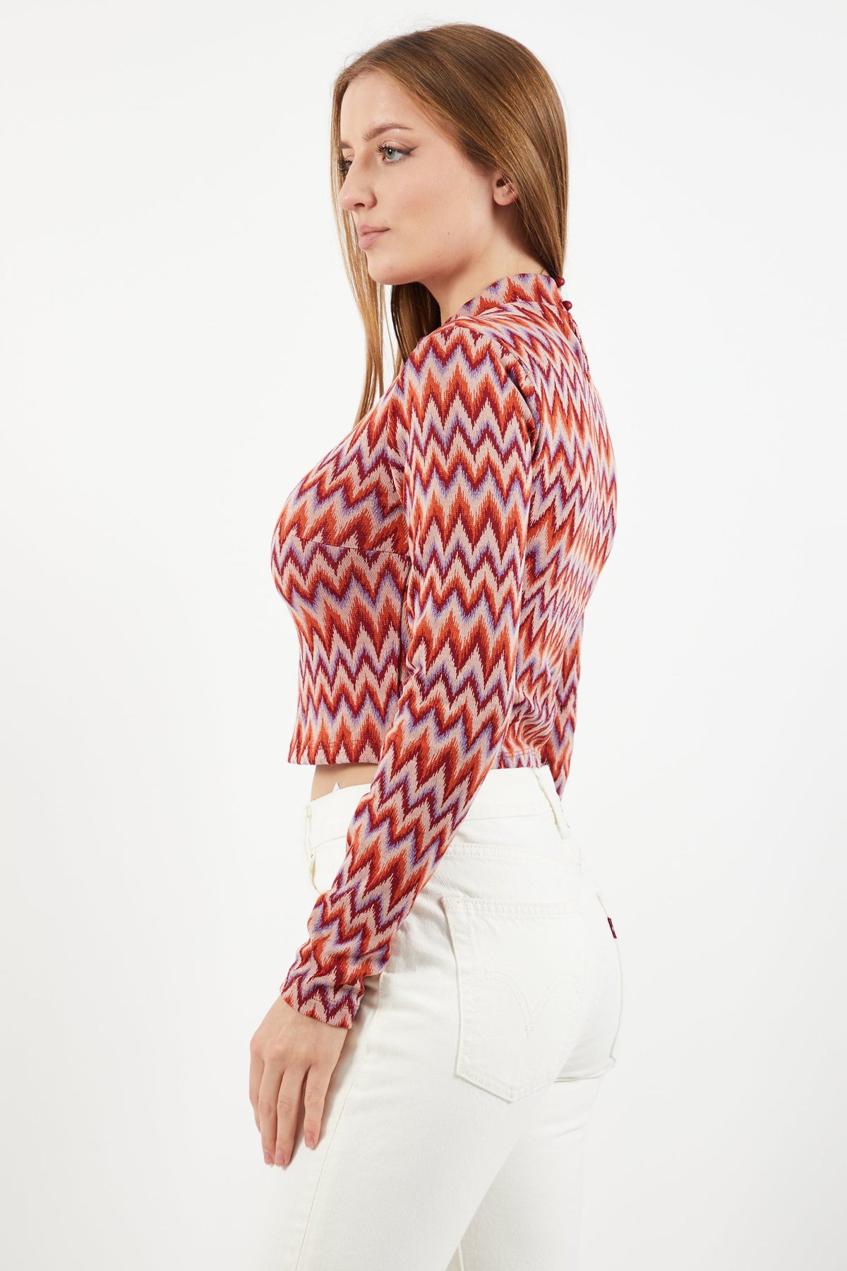 High Neck Long Sleeve Allover Printed Top