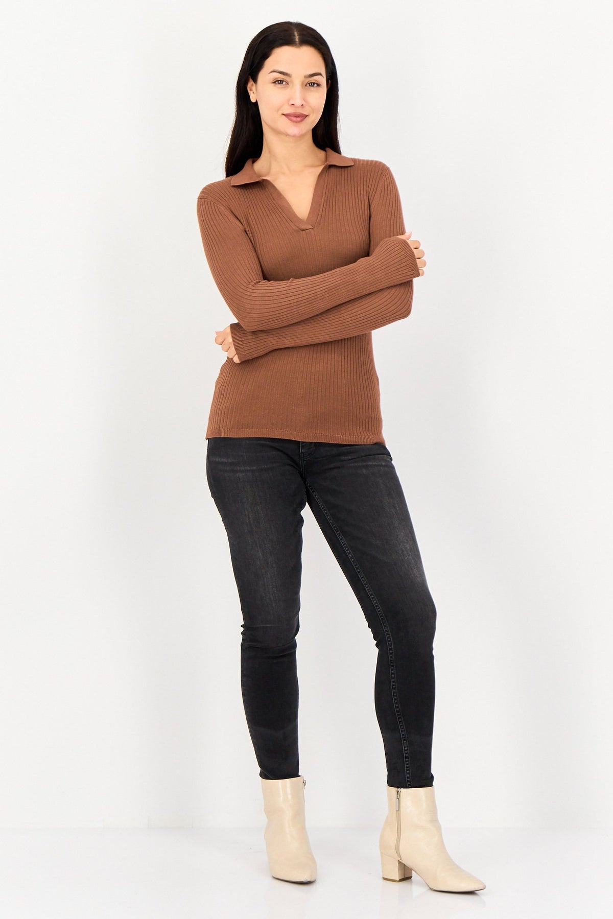 Spread Collar Ribbed Sweater
