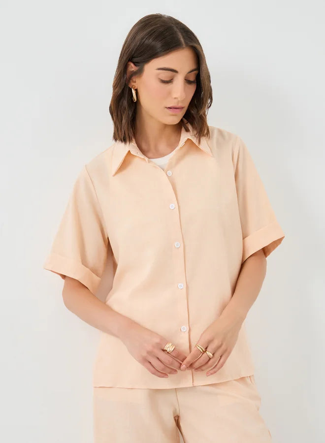 Solid Collared Shirt and Wide Leg Pants Co-Ords