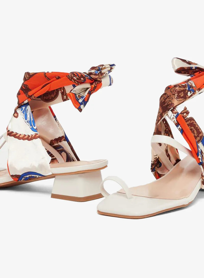 Open Toe Block Heel Sandals with Printed Scarf