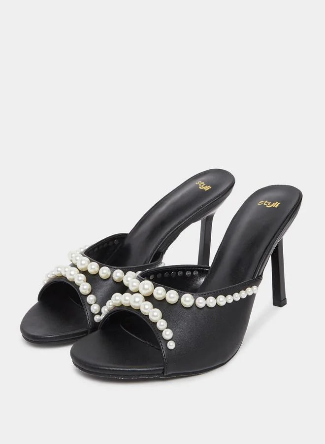 Faux Pearl Embellished Stiletto Heel Sandals
