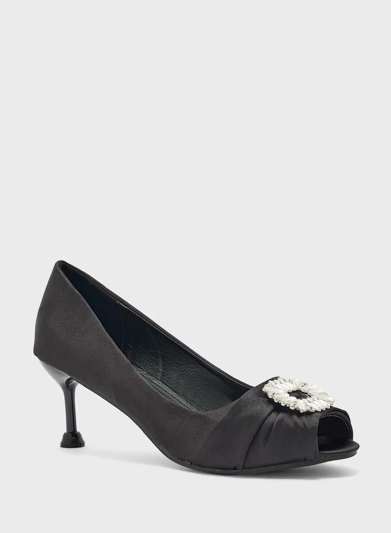 Diamante Trim Pleated Peep Toe Pump