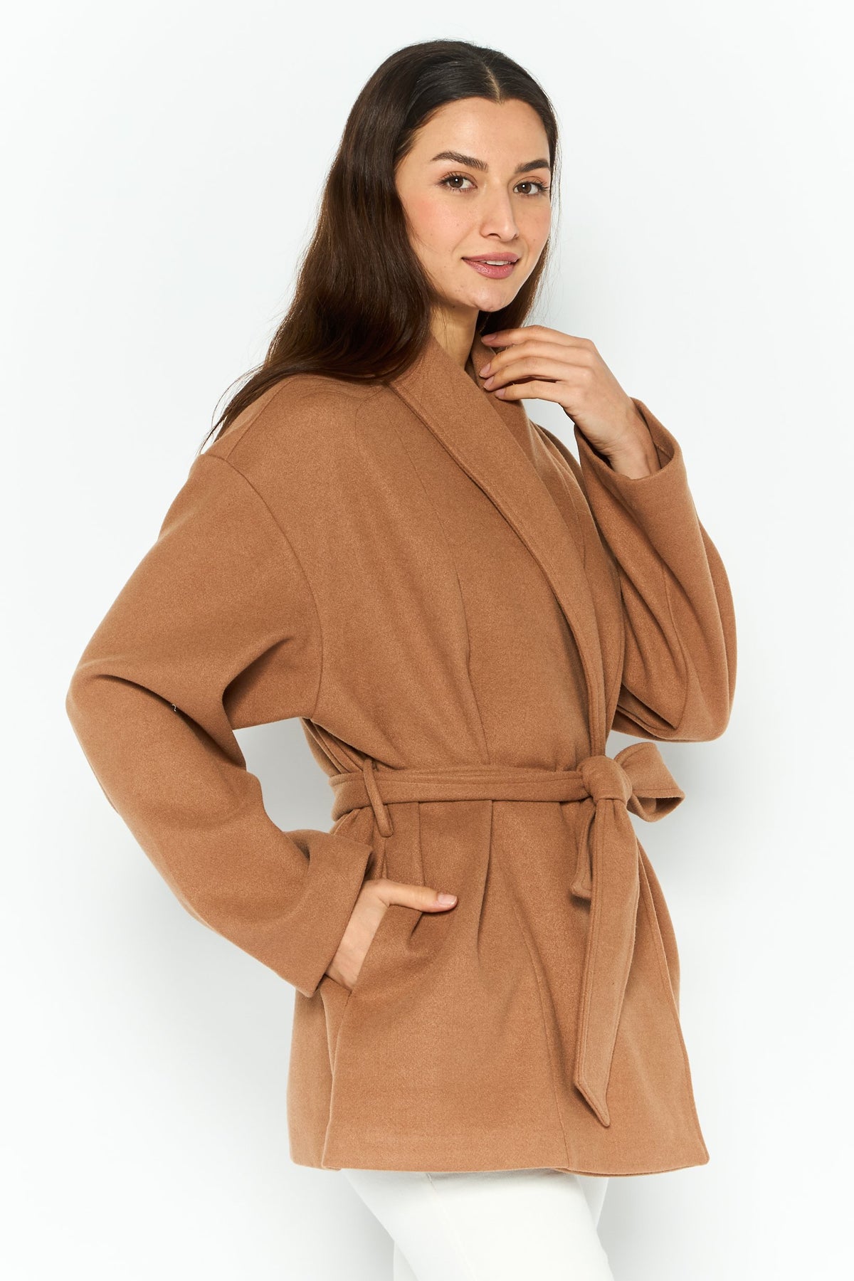 Regular Fit Textured Belted Short Wrap Coat