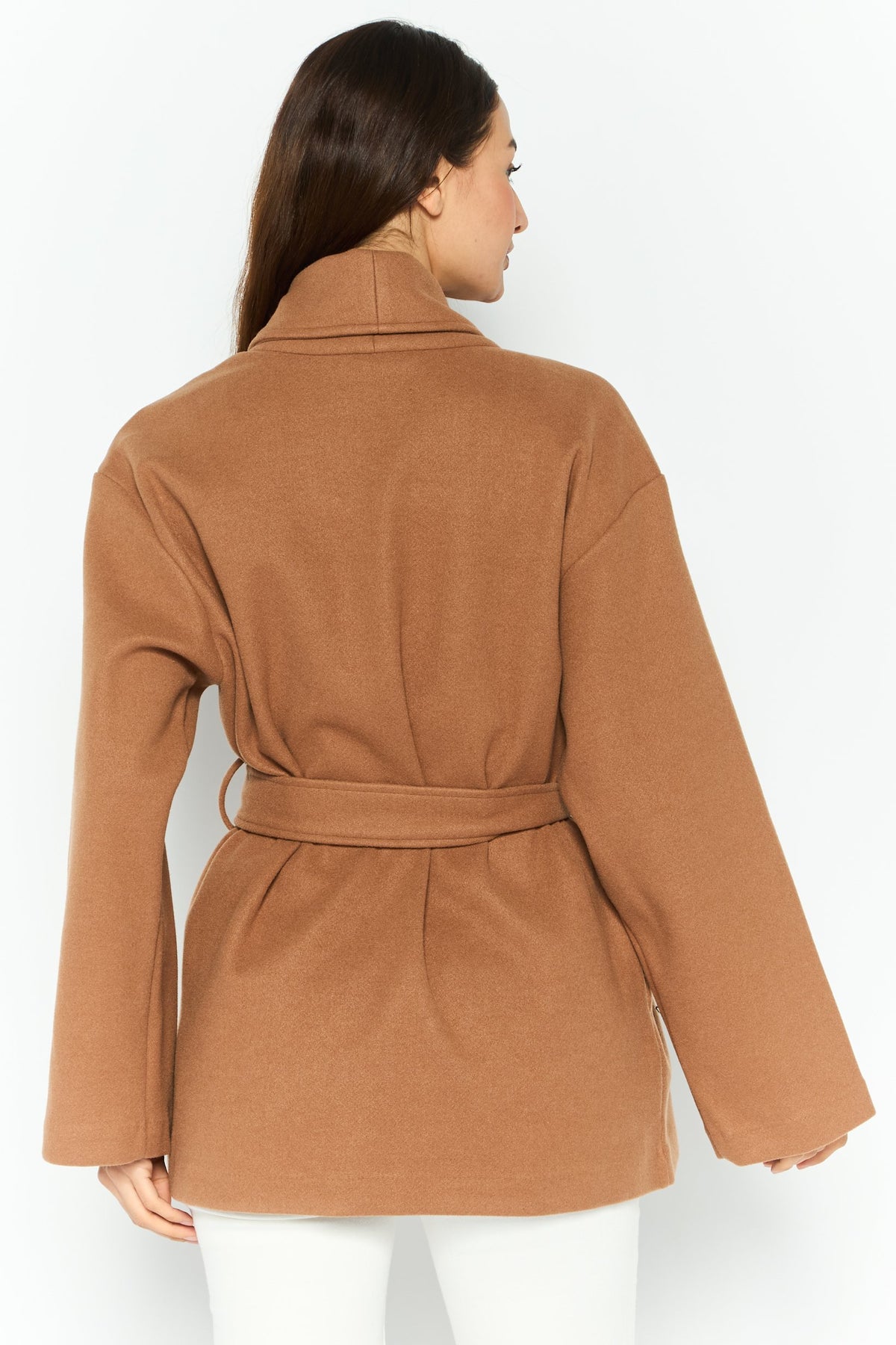 Regular Fit Textured Belted Short Wrap Coat