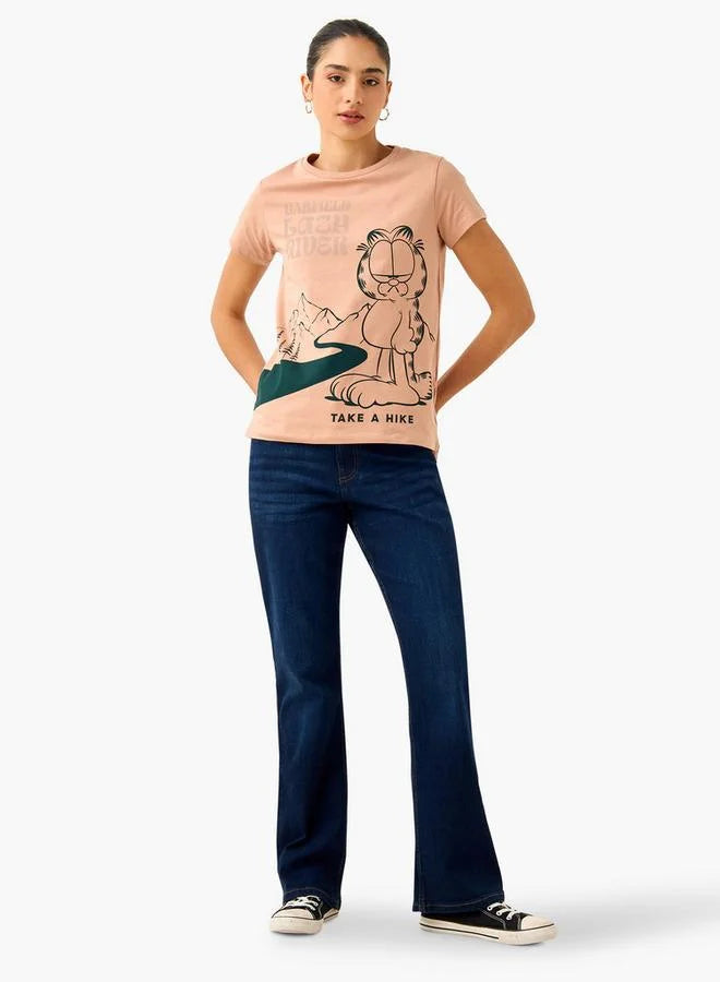 Garfield Print Crew Neck T-shirt with Short Sleeves