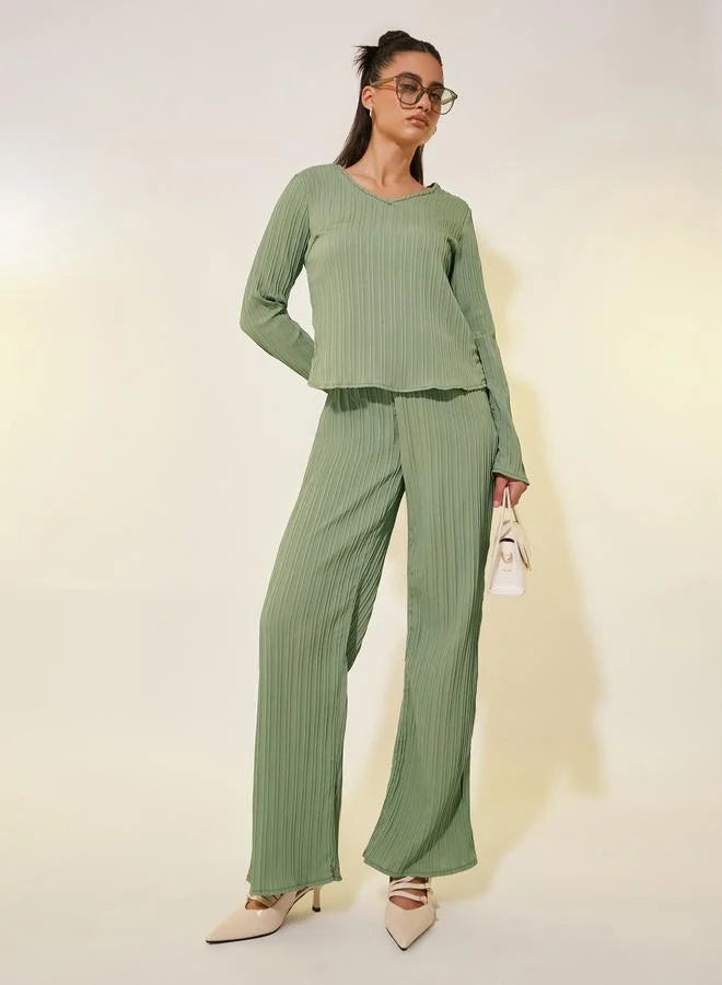 Textured V Neck Long Sleeve Top and Pants Co-Ords