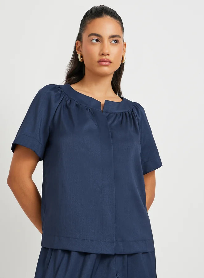 Solid Button Front Short Sleeve Top and Skirt Co-Ords