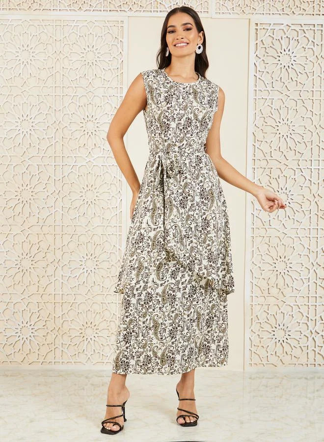 Paisley Print Self Tie Up Shift Maxi Dress and Kimono Set