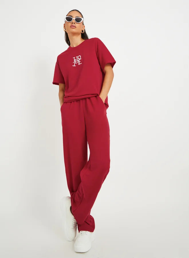 Take Two Embroidered Round Neck T-Shirt and Pants Co-Ords