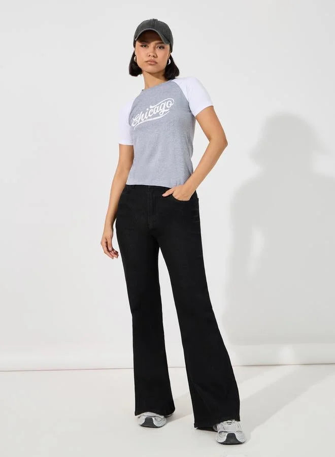 Cotton Stretch Color Block Chicago Slogan Fitted T-Shirt
