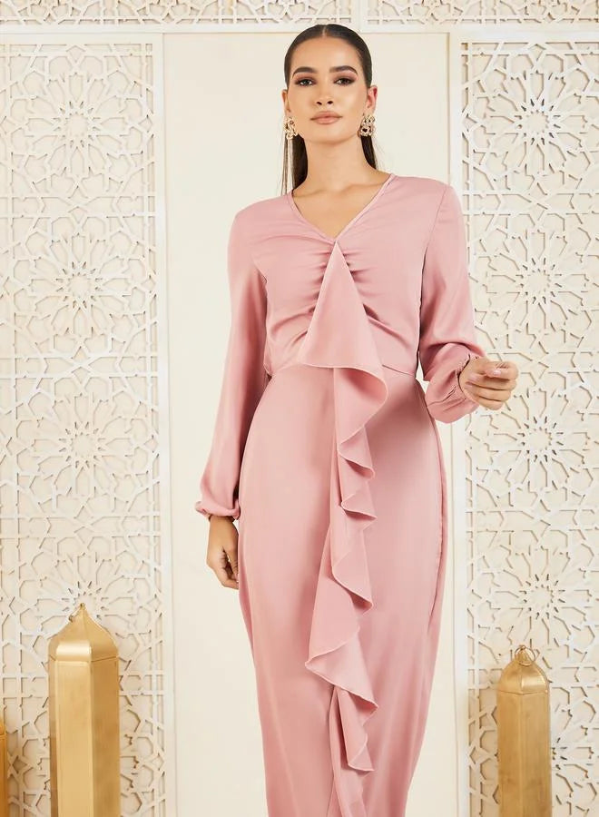 Satin Ruffle Detail Bodycon Maxi Dress