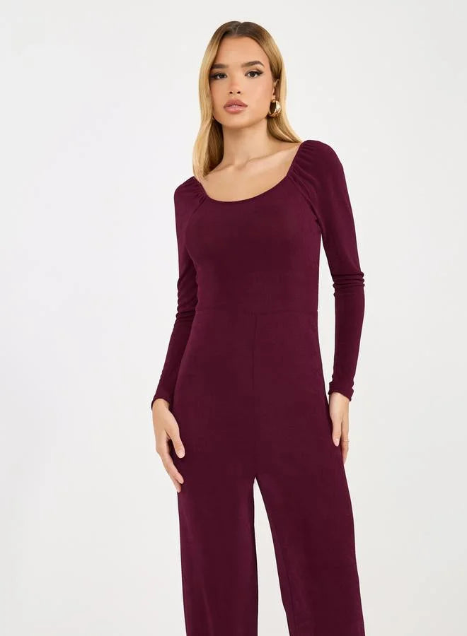 Solid Straight Leg Wide Neckline Stretchy Jumpsuit