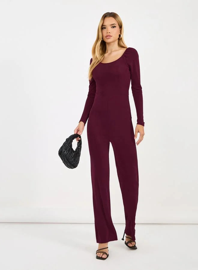 Solid Straight Leg Wide Neckline Stretchy Jumpsuit