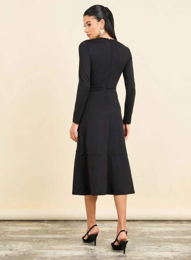 High Neck Asymmetrical Hem A-Line Midi Dress