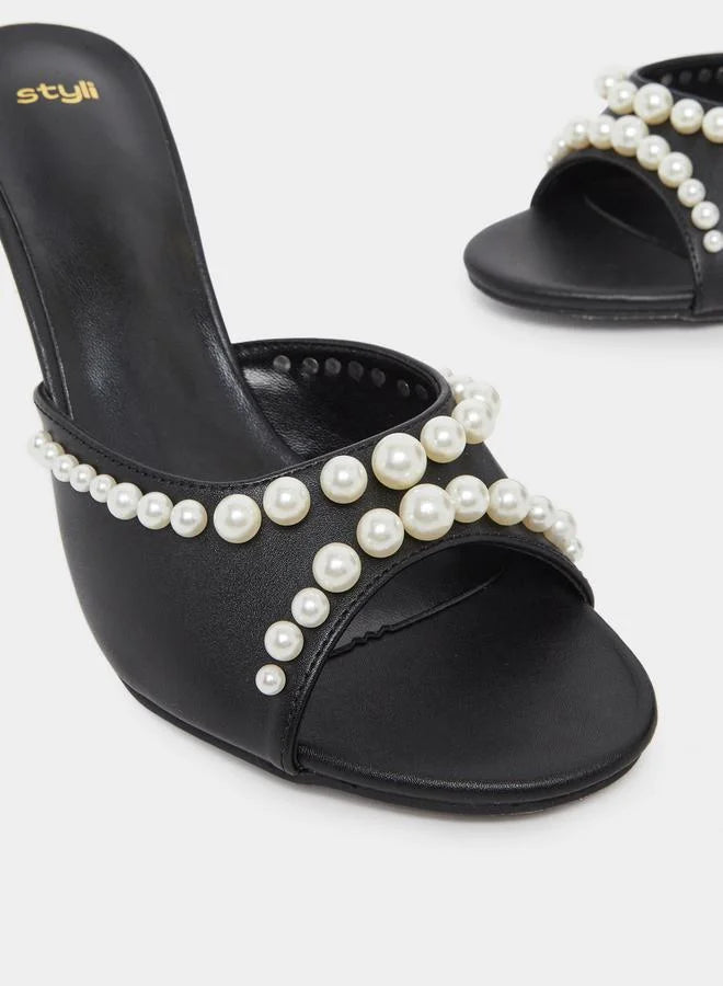 Faux Pearl Embellished Stiletto Heel Sandals