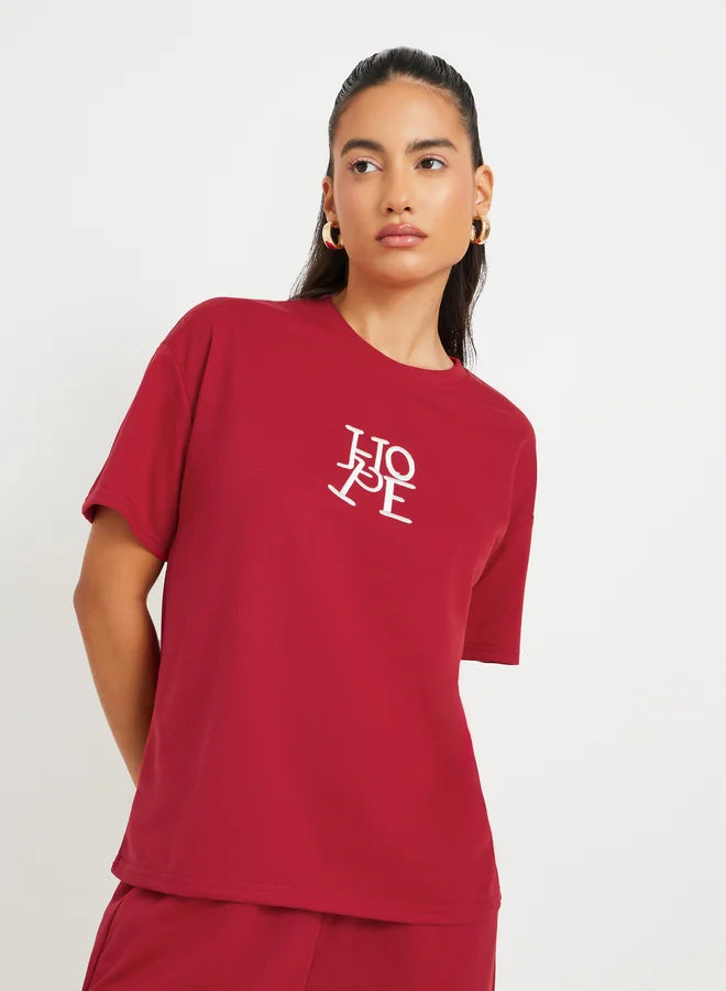 Take Two Embroidered Round Neck T-Shirt and Pants Co-Ords