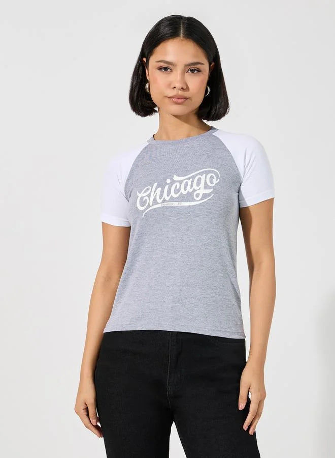 Cotton Stretch Color Block Chicago Slogan Fitted T-Shirt
