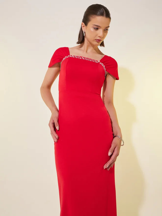 Embellishment Trim Short Sleeve Sheath Maxi Dress