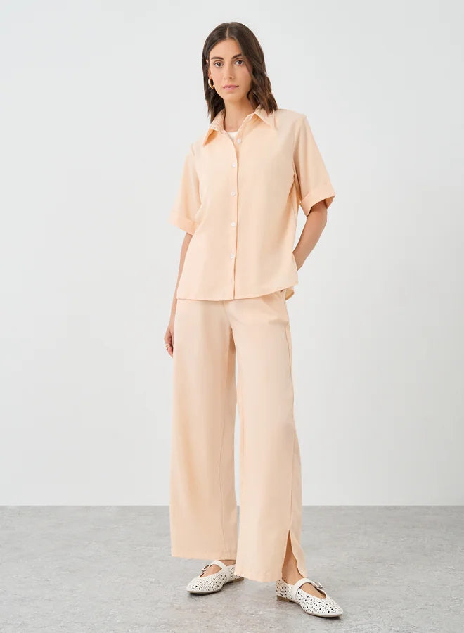 Solid Collared Shirt and Wide Leg Pants Co-Ords
