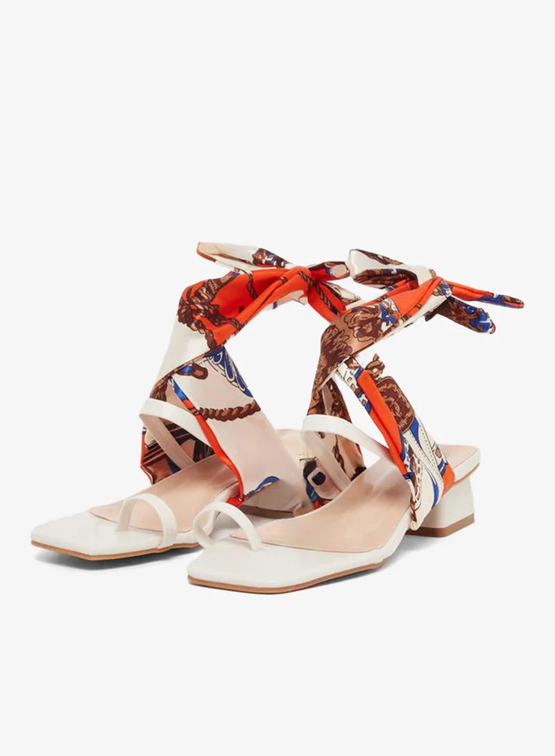 Open Toe Block Heel Sandals with Printed Scarf