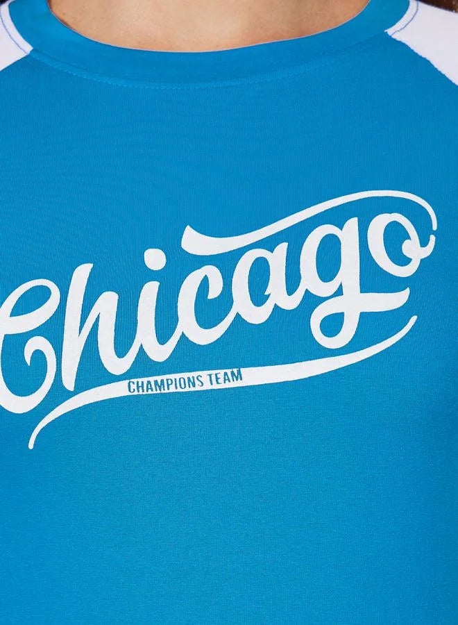 Styli Cotton Stretch Color Block Chicago Slogan Fitted T-Shirt