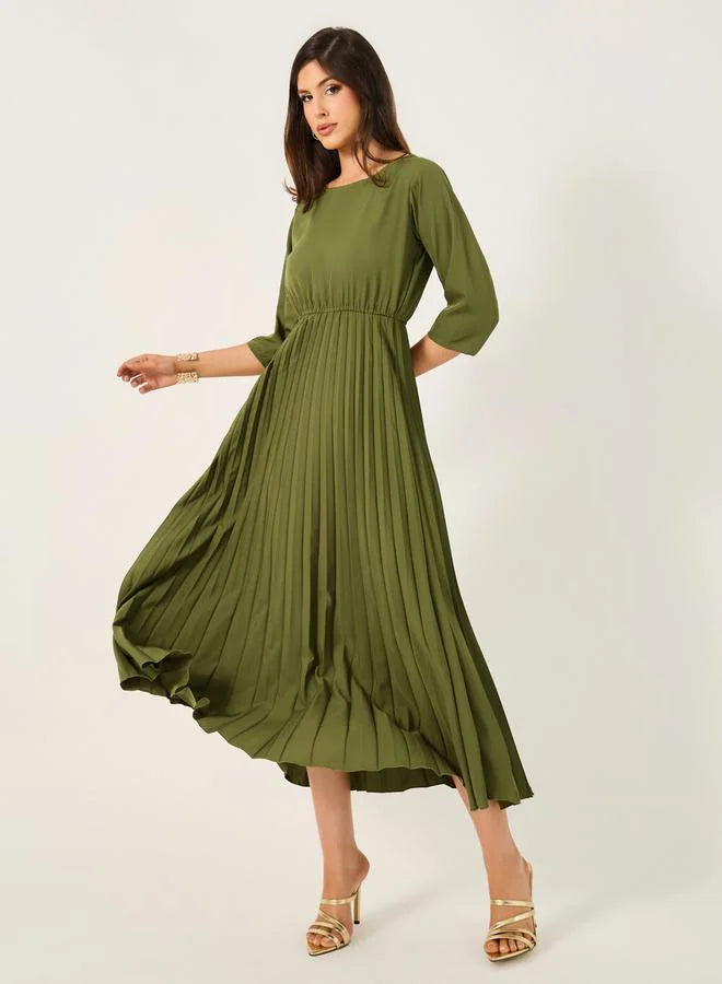 Pleated Olive Dress