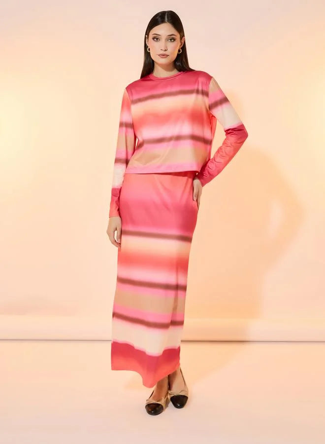 Ombre Print Round Neck Top and Maxi Skirt Co-Ords
