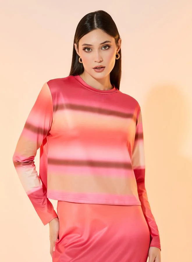 Ombre Print Round Neck Top and Maxi Skirt Co-Ords